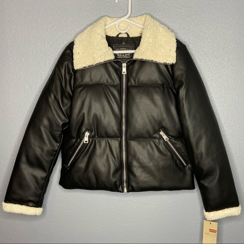 Levi's black faux leather Breanna puffer jacket coat sherpa lined vegan L.